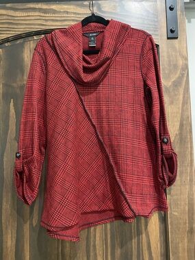 Ali Miles Red and Black Plaid Cowl-Neck Tunic